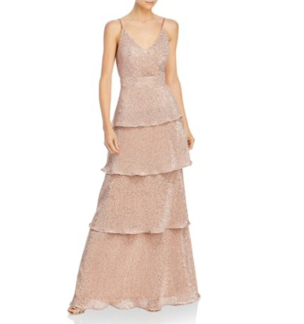 AQUA Rose Gold Pink Evening Gown Sequined Tiered Ruffle A-Line Dress Size 4 - Picture 1 of 11